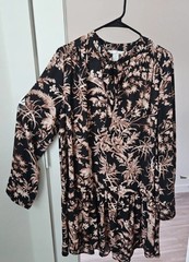 H&M Black/Beige Floral Long Sleeve Polyester Midi Dress Women Regular M