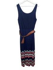 J for Justify Womens 2X Maxi Dress Navy Sleeveless Chevron Hem Belted Plus