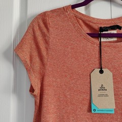 NWT prAna Women S Elana T-Shirt Dress Coral Pink Striped Hemp Tencel Cap Sleeves