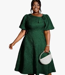 AOMEI Women Floral Jacquard Puff Sleeve Fit & Flare Dress Party Midi Dresses