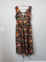 Floral Sleeveless Midi Dress in Black with Multicolor Blooms, Lace Up Back