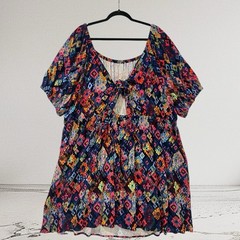 Womens Ikat Puff Sleeve Linen Blend Mini Dress Size 3X Tie Back Summer Boho NWT