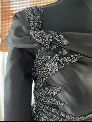 Black One-Shoulder Satin Formal Long Gown, Beaded Embroidered Lined Size 12