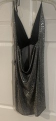 Silver Sequin Metallic Halter Mini Dress Y2K Party Low Cut Small S