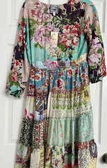 NWT JOHNNY WAS GIGI SILK PATCHWORK PEASANT DRESS W/ SLIP SMALL $378RRP