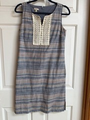 Talbots Striped Sleeveless Shift Dress with Crochet Bib – Blue & Pink