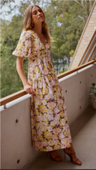 NWT MINKPINK Zoey Midi Dress Multi Floral Pleated Short Sleeve Anthropologie Med
