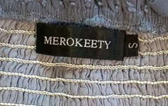 MEROKEETY Blue Solid Square Neck Smocked Belted Puff Sleeve Midi Dress S