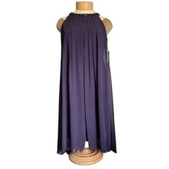 SLNY Purple Chiffon Pleated Beaded Halter Neck Cocktail Dress Size 12 NWT Flaw