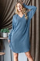 Heimish Blue Ribbed Lightweight Long Sleeve Hooded V-Neck Curved Hem Mini Dress