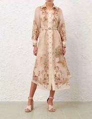 NWT Zimmermann Resort Map Print Button Front Elegant Waist Tie Shirt Dress