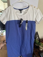 Nicole Miller New York Colorblock Shift Dress Blue/White S Short Sleeve Button
