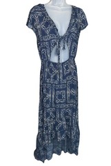 Surf Gypsy Maxi Dress Tiered Blue Ruffles Flutter Sleeves Tie Front Cut Out Boho