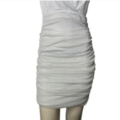 🆕Silver Metallic Threaded Cami Low Cut Ruched Open Back Nylon Mini Dress~Size S