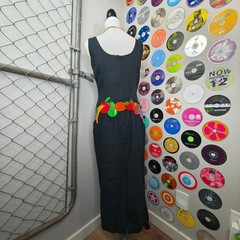 Vtg Deborah Laws Embroidered Fruit Belt Linen Tank Long Wiggle Pencil Dress