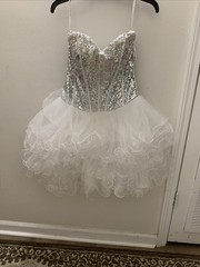 FIESTA WHITE & SILVER CRYSTAL CORSET TULLE RUFFLE DRESS ADULT SIZE SMALL