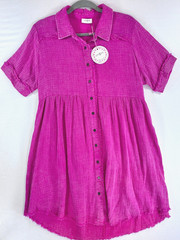 Umgee M Boho Hot Pink / Fuchsia Gauze Mini Shirt Dress New Babydoll 100% Cotton