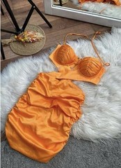 Oh Polly Batch A Orange Bra Top Cut Out Rouched Mini Halter Dress NWT Size US 6
