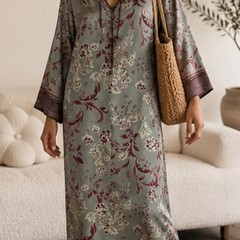 VTG Halston Satin Floral Caftan Maxi Dress | Sage Burgundy Y2K Boho Luxe sz M