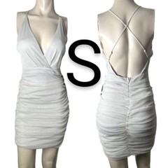 🆕Silver Metallic Threaded Cami Low Cut Ruched Open Back Nylon Mini Dress~Size S