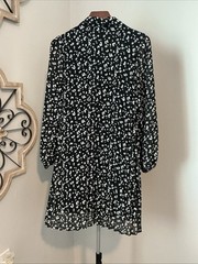 Nine West Georgette Collared Long Sleeve Black Animal Print Pleated Dress XS