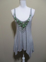 Bebe Gray with Green & Silver Beaded Long Tank Top/ Mini Dress Women&rsquo;s Size L