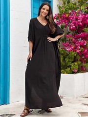 Women&rsquo;s Black V-Neck Kaftan Maxi Dress – Loose Fit Solid Color Long Loungewear