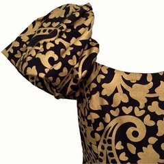 Vintage 80&rsquo;s Black & Gold Paisley Evening Dress • By Lawrence • Drop Waist