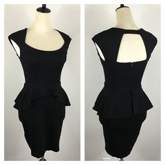 BEBE Womens sz XS Black Peplum Tulip Skirt Cut Out Back Stretch Fitted Dress