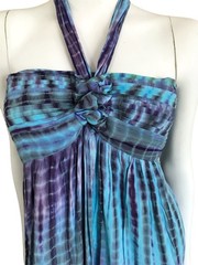 Vtg Batik Halter Maxi Dress One Size Smocked Strapless Hand Stamped Hippie Boho