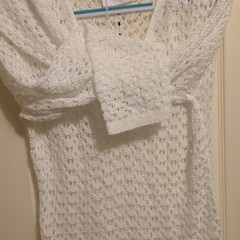 Salty Lemon White Crochet Knit Long Sleeve V-Neck Long Cover Up S/M