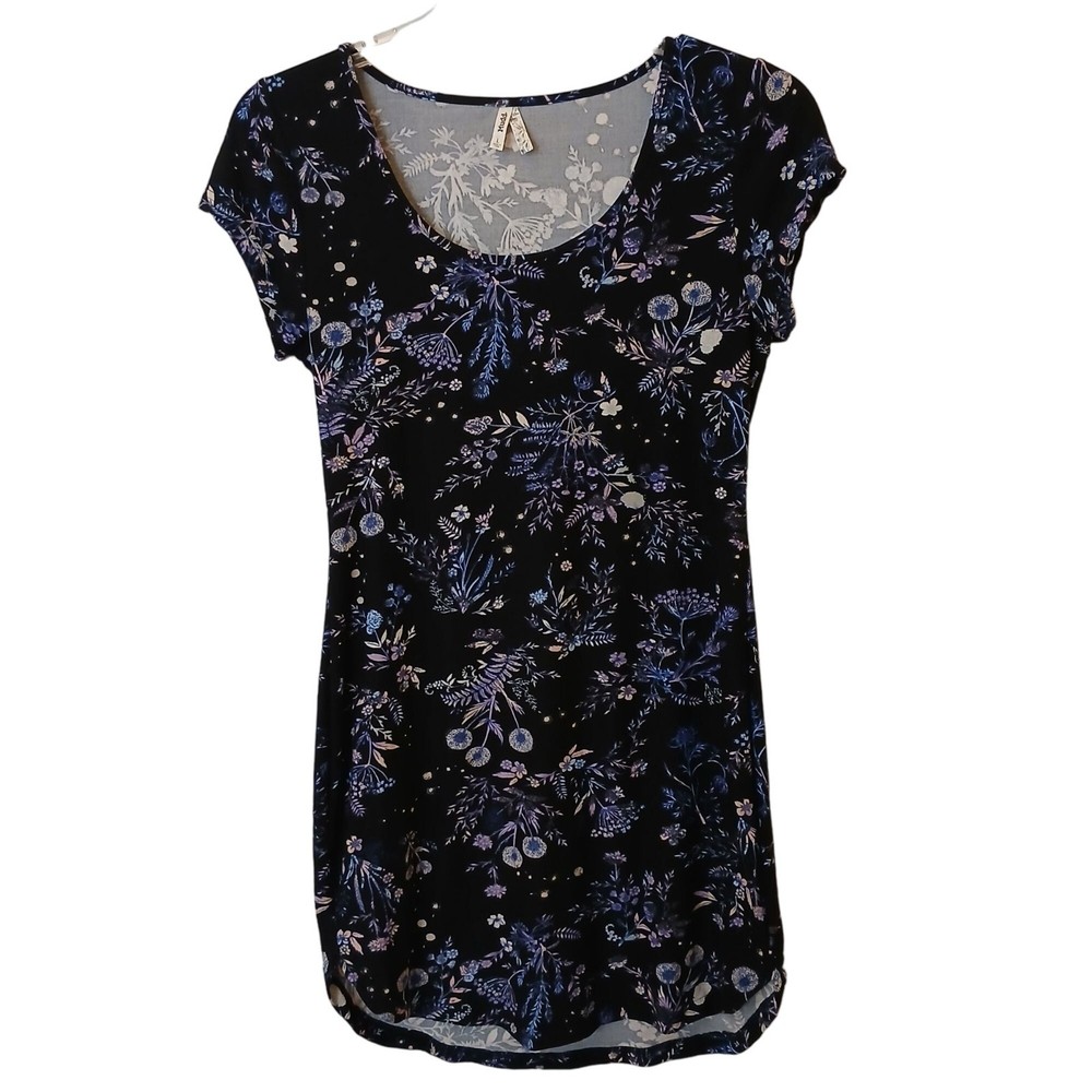 Mudd Womens Dress Large Black Blue Floral Short-Sleeve Stretchy #D-47