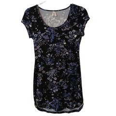 Mudd Womens Dress Large Black Blue Floral Short-Sleeve Stretchy #D-47
