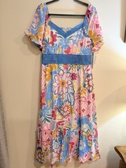 Luxology Women&rsquo;s L Multicolor Floral V-Neck Short Sleeve Smocked Maxi Dress