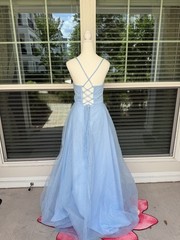 Blue Solid Glitter Tulle Long Formal A-Line Dress Corset Lace-Up Back M