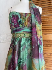 French Designer Turquoise Multi Watercolour Embellished Dress & Scarf 38