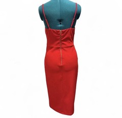 Premier Amour Women’s S Red Solid Satin V-Neck Sleeveless Ruched Sheath Midi
