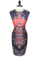 VINCE CAMUTO Size 10 Sheath Dress Blue Orange Paisley Cap Sleeve Stretch Knit