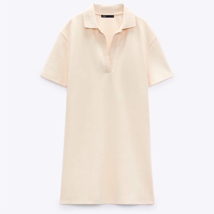 Zara Polo Shirt Dress Short Sleeve Large Cream Beige V Neck Minimalist Preppy