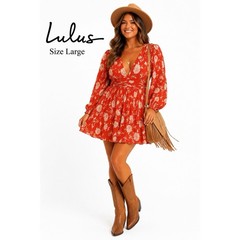 Lulus Burnt Orange Floral Print Long Sleeve Dress Size Large