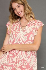 Umgee Pink Floral Sheath Dress with Short Ruffle Flutter Sleeves