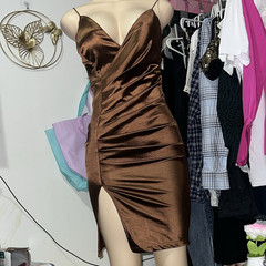 Windsor Brown Solid Satin Ruched Mini Dress V-Neck Spaghetti Strap XS