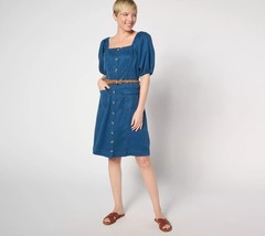Anybody Petite Sueded Twill Puff Sleeve Belted Dress Vintage Blue M New