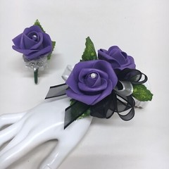 Double Purple Rose on Black Wrist Corsage & Boutonniere Combo