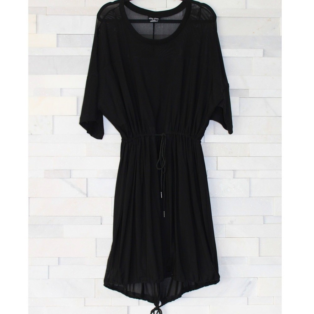 CITY CHIC Sheer Mesh Overlay Drawstring Waist/Hem Stretch Midi Dress Black M/18