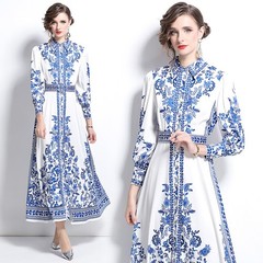 Vintage Baroque Print Collar Long Sleeve Belt Women Casual Party Shirt Dresses