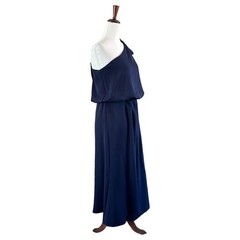Amylynn One Shoulder Satin Midi Dress with Shoulder Bow in Navy Medium NWT