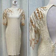 A.J. Bari off white gold cocktail beaded mini silk dress dangle beaded sleeves
