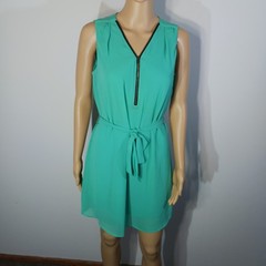 A Byer Dress Women Medium Green Sleeveless Zip Front Tie Waist NWT