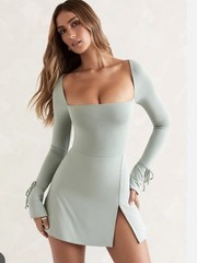 Oh polly Sage Green Long-Sleeve Square-Neck Bodycon Mini Dress with Front Slit